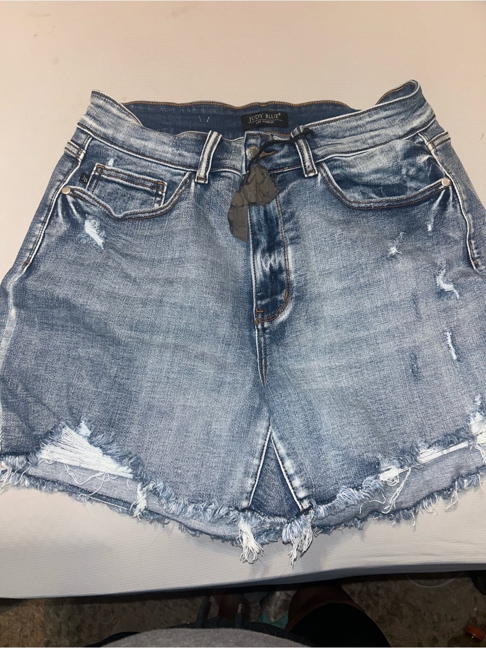 Judy Blue Frayed Hem Distressed Denim Shorts - Light Blue